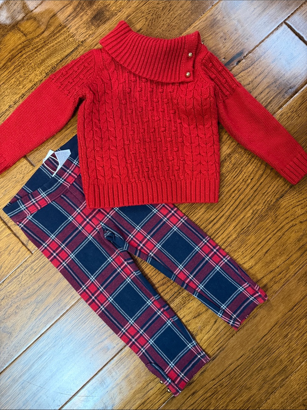 Janie and Jack Red Cable-Knit Turtleneck Sweater with Navy & Red Plaid Leggings